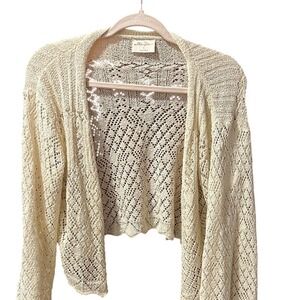 Allie Rose Women Cream Pointelle Knit Open Front Cropped Cardigan Sweater Small